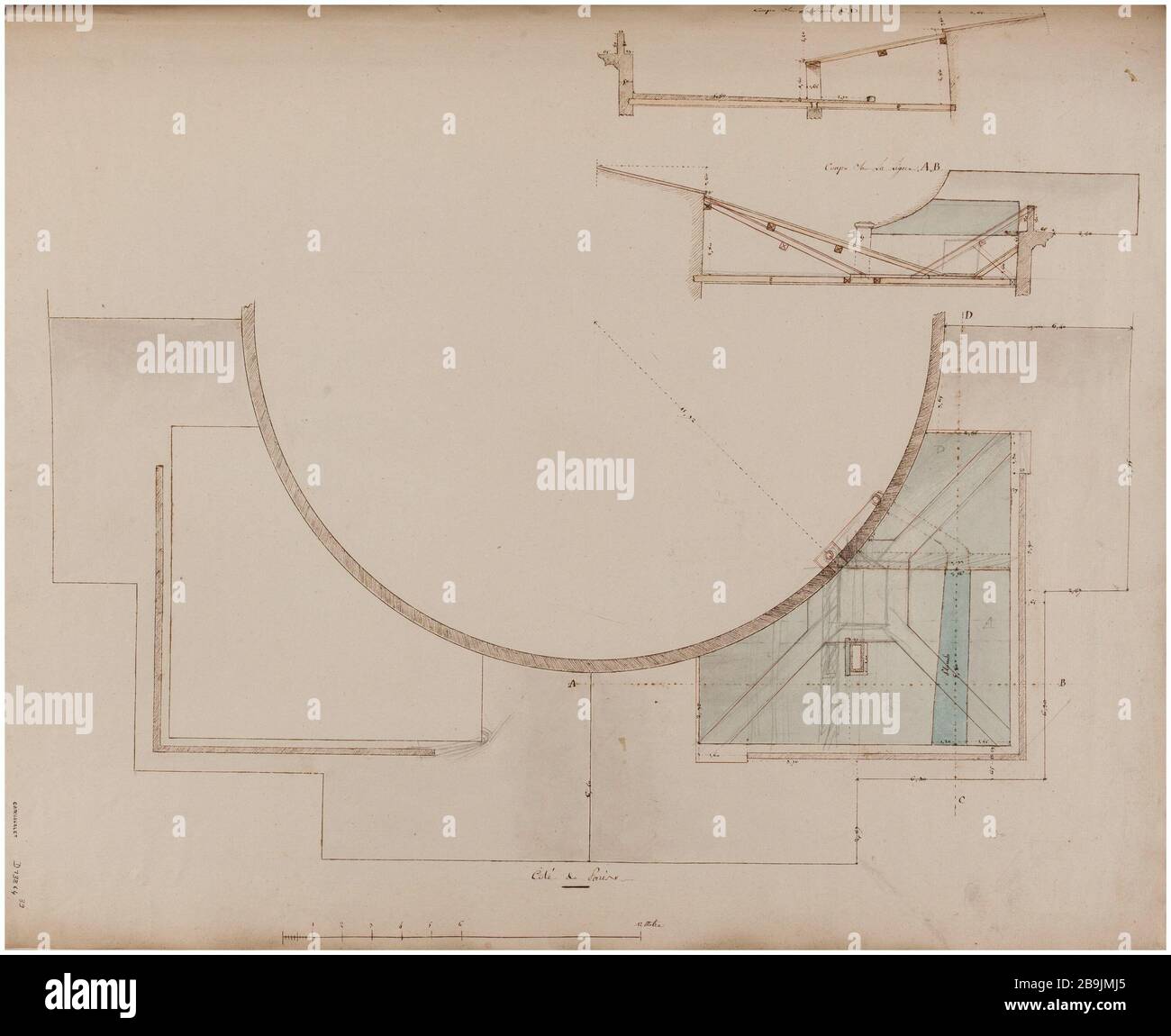 Barriere Saint-Martin: Carte et deux coupes. Charles Rohault de Fleury (1801-1875). Atlas national de la Ville de Paris. Barrière Saint-Martin : plan et deux coupes. Panache, Acres Noire, brune et rouge, lavis gris, bleu et brun. XIXème siècle. Paris, musée Carnavalet. Banque D'Images