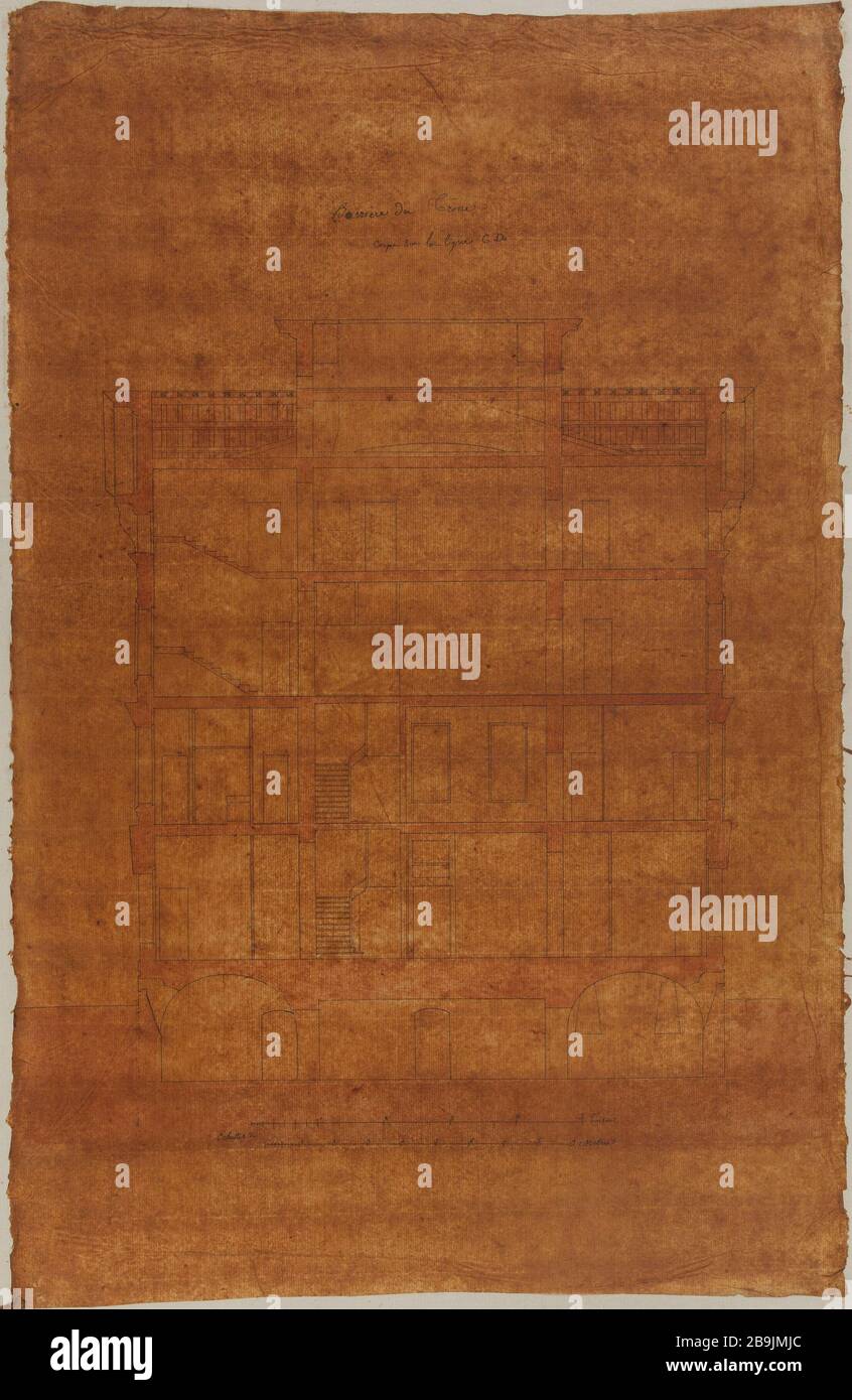 Trône de barrière: Tasse de bâtiment. Charles Rohault de Fleury (1801-1875). Atlas national de la Ville de Paris. Barrière du cône : coupé du bâtiment. Panache et encre noir, lavis rose sur papier calcaire. XIXème siècle. Paris, musée Carnavalet. Banque D'Images