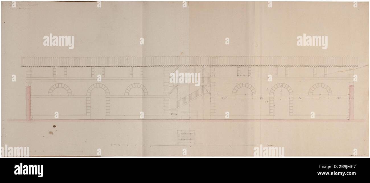 Trône de barrière : élévation d'un bâtiment. Charles Rohault de Fleury (1801-1875). Atlas national de la Ville de Paris. Barrière du cône : élévatation d'un bâtiment. Panache et encre noir, crayon et lavis roses. XIXème siècle. Paris, musée Carnavalet. Banque D'Images