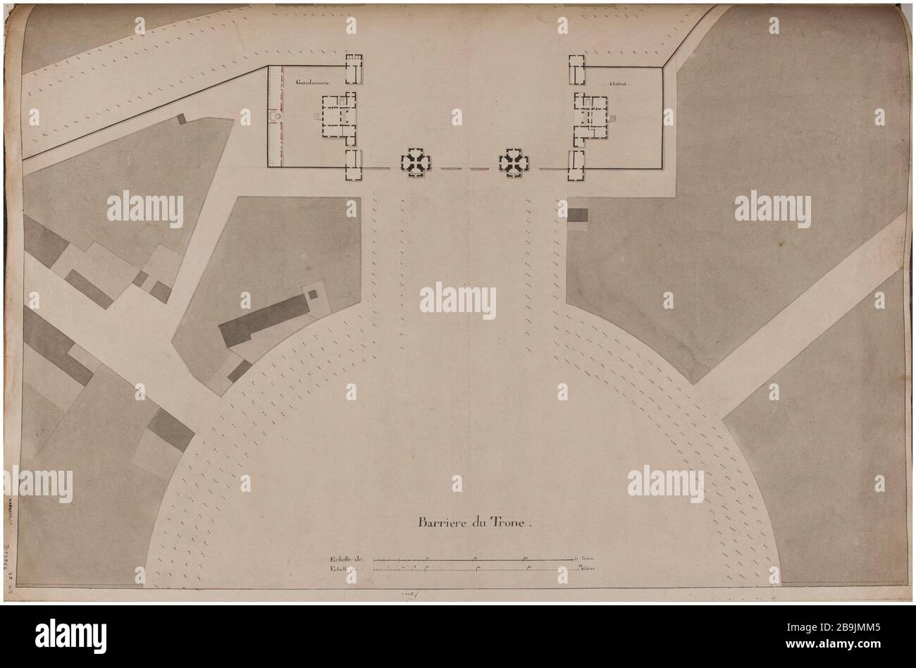 Barrière générale du trône. Charles Rohault de Fleury (1801-1875). Atlas national de la Ville de Paris. Barrière du cône : plan général. Panache et encre noir, rose lavis, vert, gris et brun. XIXème siècle. Paris, musée Carnavalet. Banque D'Images