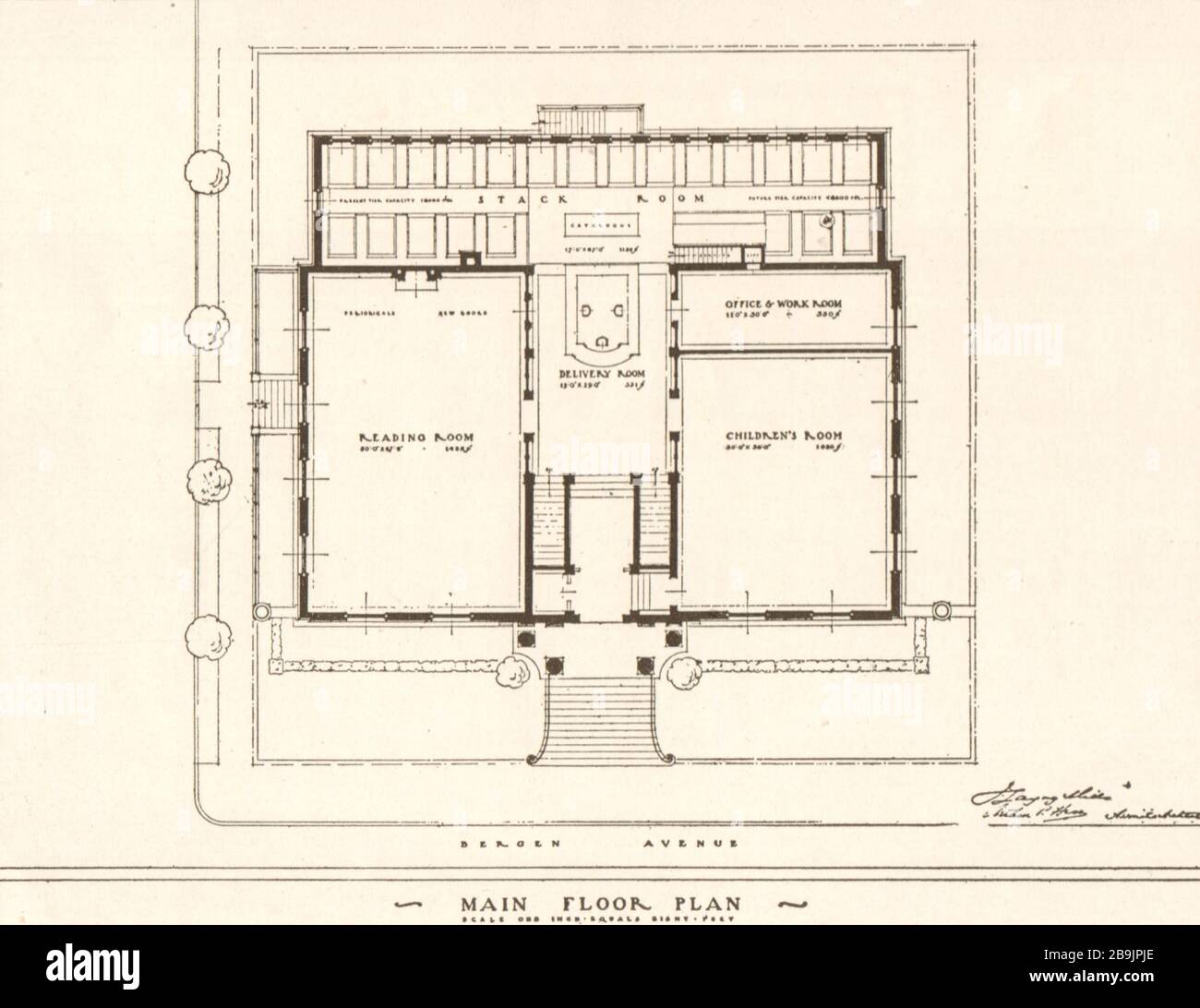 Conception n° 8. Nouvelle succursale de Bergen, Jersey City, New Jersey. Plan de l'étage principal. J.L. Mills et A. P. Hess, Architectes (1921) Banque D'Images