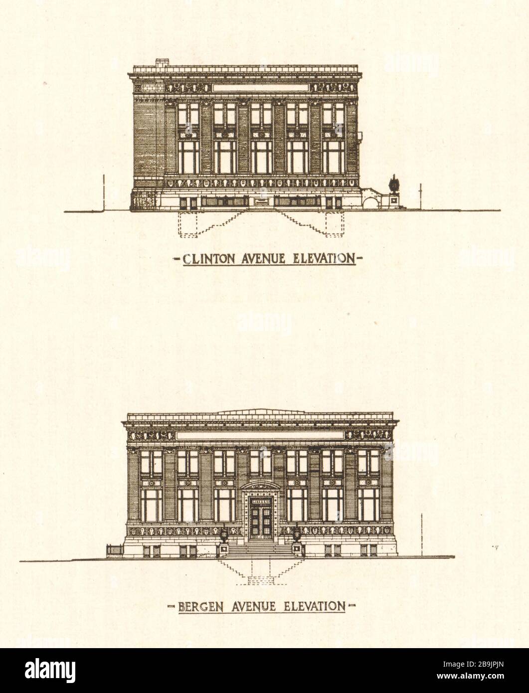 Nouvelle succursale de Bergen, Jersey City, New Jersey. Élévations de l'avenue Clinton/Bergen. Arthur Frederick Adams, Architecte (1921) Banque D'Images