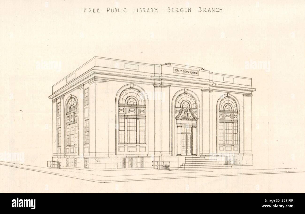 Design Nr 11, immeuble de bibliothèque de succursales New Bergen, Jersey City, New Jersey. Bibliothèque publique gratuite, succursale de Bergen. Albert M. Kreider, Architecte (1921) Banque D'Images