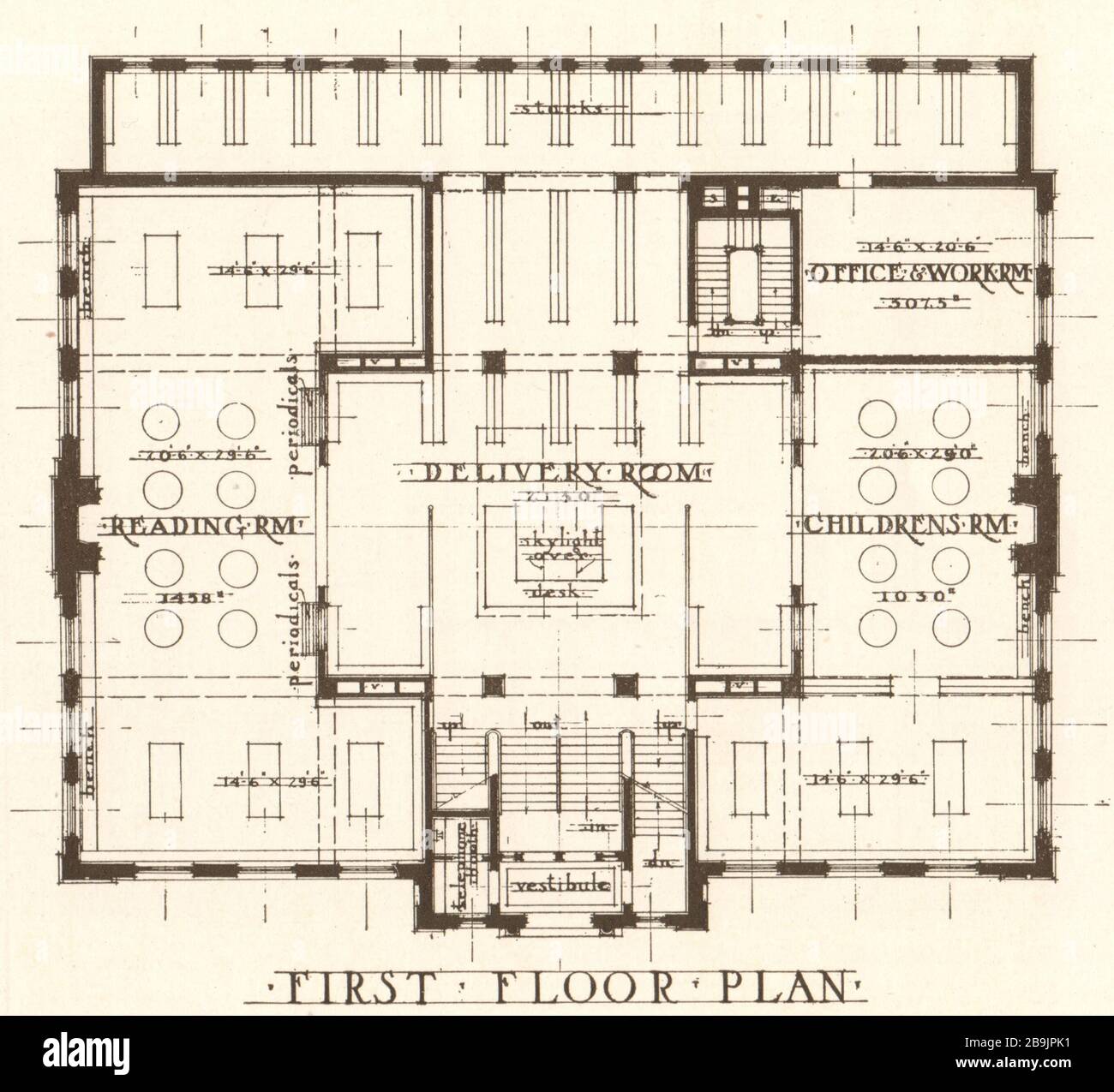 Design Nr 7, immeuble de bibliothèque de succursales New Bergen, Jersey City, New Jersey. Plan du premier étage. Coffin & Coffin, Architectes (1921) Banque D'Images