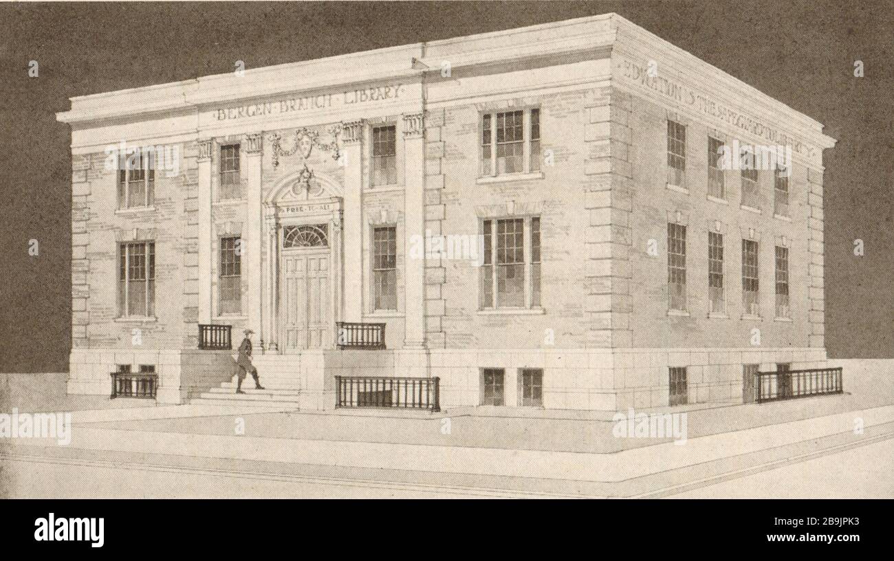 Design Nr 14, immeuble de bibliothèque de succursales New Bergen, Jersey City, New Jersey. Bibliothèque de la succursale de Bergen. Hindenach & Spangenberg, Architectes (1921) Banque D'Images