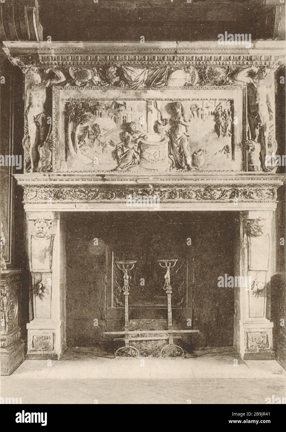 Chineypiece en pierre datant de 1562. Dans le panneau central est montré Christ et la femme Samaritaine. Mesuré et dessiné par Howard W. Germann (1921) Banque D'Images