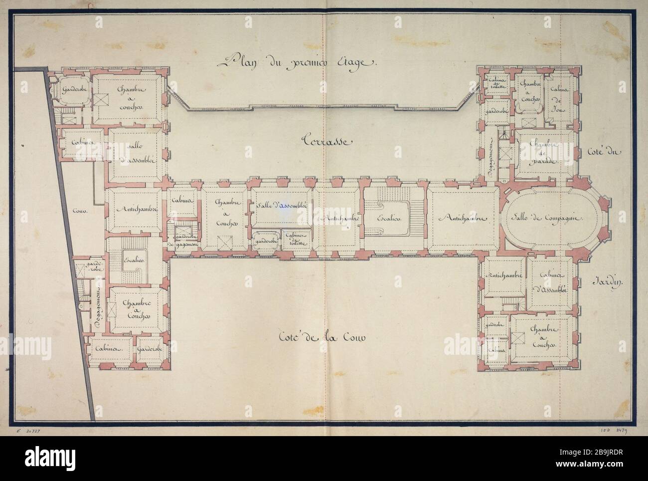Projet de l'hôtel Harcourt - Plan du premier étage Mathurin Cherpitel (1736-1809). Projet de l'hôtel d'Harcourt - Plan du Premier étage. Panache, encre de chine, lavis erre rose, 1766-1770. Paris, musée Carnavalet. Banque D'Images