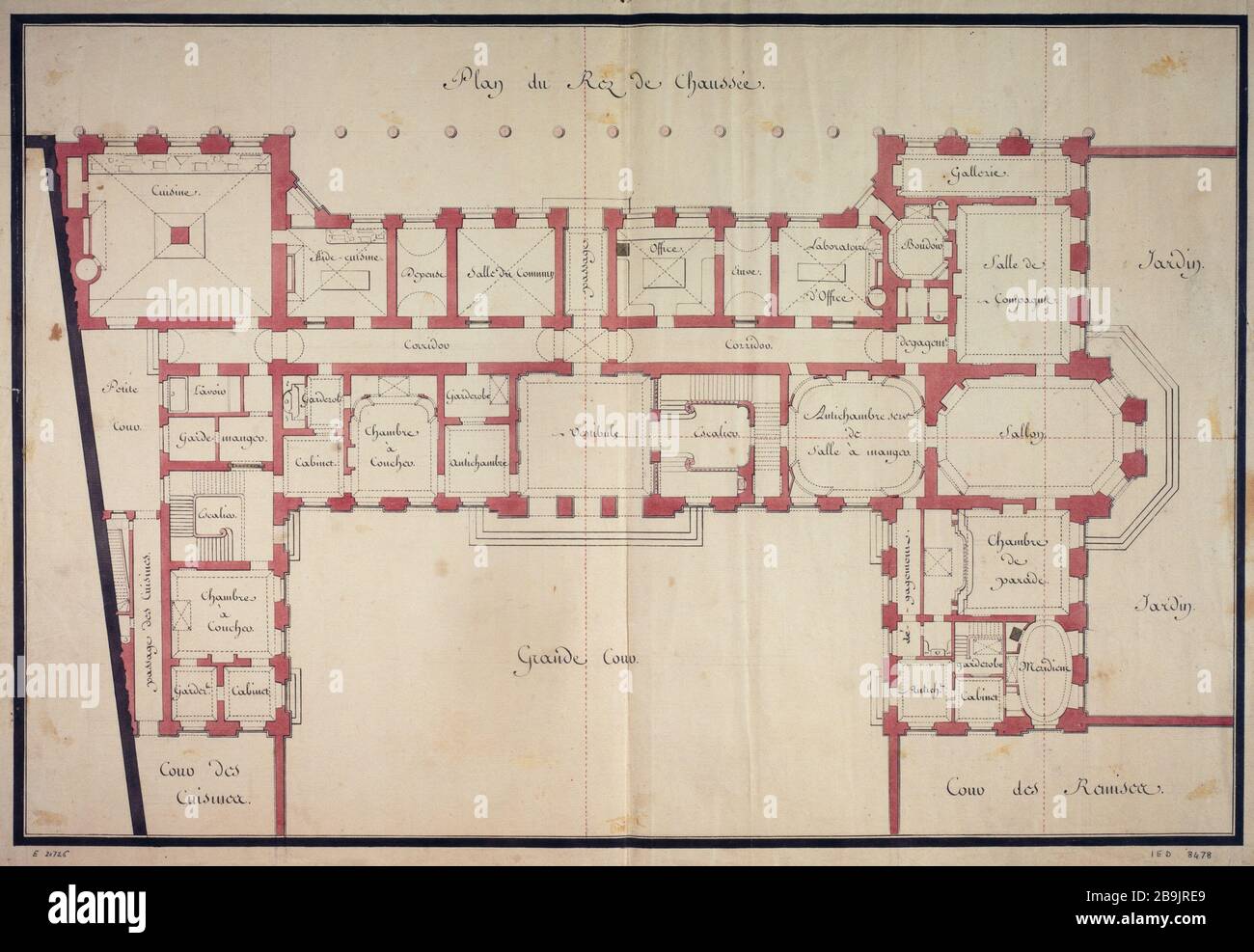 Projet Hôtel Harcourt - Plan du rez-de-chaussée Mathurin Cherpitel (1736-1809). Projet de l'Hôtel d'Harcourt - Plan du rez-de-chaussée. Panache, encre de chine, lavis erre rose, 1766-1770. Paris, musée Carnavalet. Banque D'Images