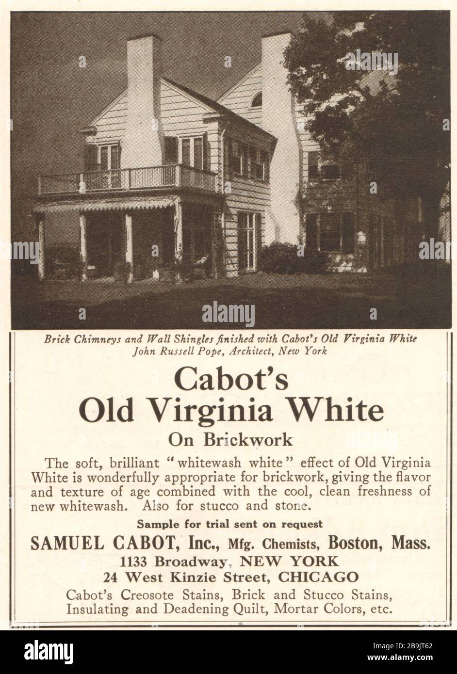 Cheminées et bardeaux finalisés avec le blanc de Cabot's Old Virginia; John Russell Popper, architecte, New York. Samuel Cabot, Inc. Chimistes, Boston (1921) Banque D'Images