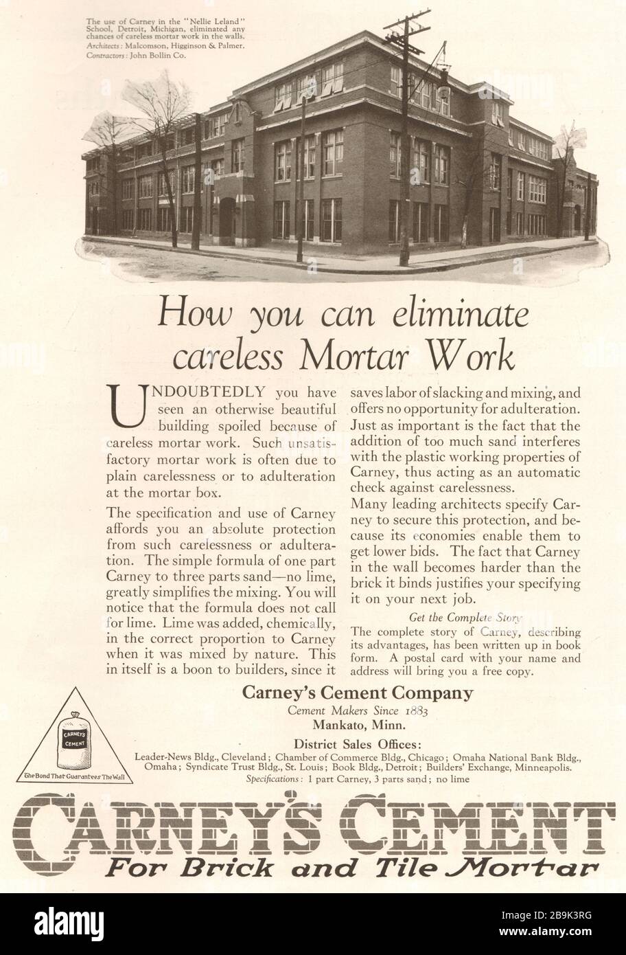 Nellie Leland School, Detroit, Michigan. Ciment de Carney pour mortier de brique et de tuile. Carney's Cement Company, Mankato, Minnesota (1922) Banque D'Images