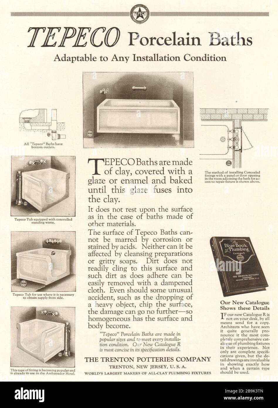 Bains en porcelaine Tepeco, adaptables à toutes les conditions d'installation. La Trenton Potteries Company, Trenton, New Jersey, États-Unis (1922) Banque D'Images