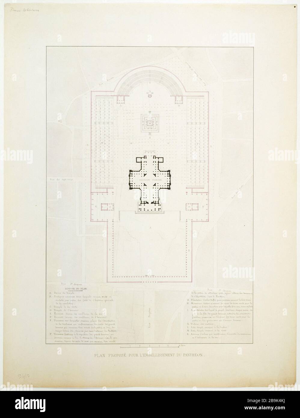 Projet de plan pour l'embellissement du Panthéon Charles Percier (1764-1838), Pierre-François-Léonard Fontaine (1762-1853). Plan proposé pour l'embellissement du Panthéon. Panache, rose lavis. Paris, musée Carnavalet. Banque D'Images