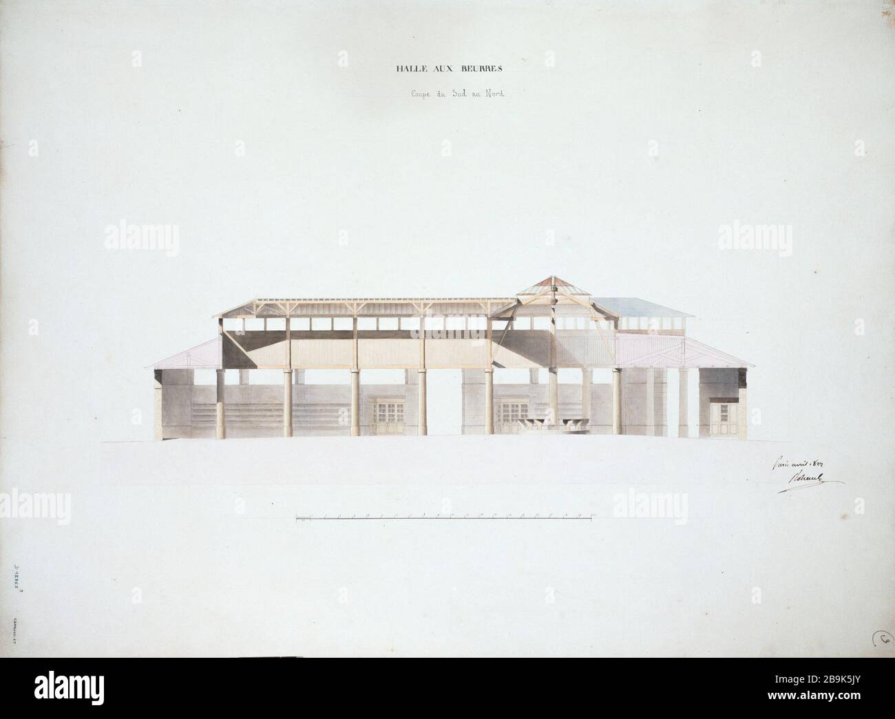 Coupe du Nord au sud du hall avec beurre et œufs, en avril 1822 Charles Rohault de Fleury (1801-1875). Coupe du nord au sud de la halle aux beurres et aux œufs, avril 1822. Panache, encre Noire, lavis brun, gris et rose, 1822. Paris, musée Carnavalet. Banque D'Images