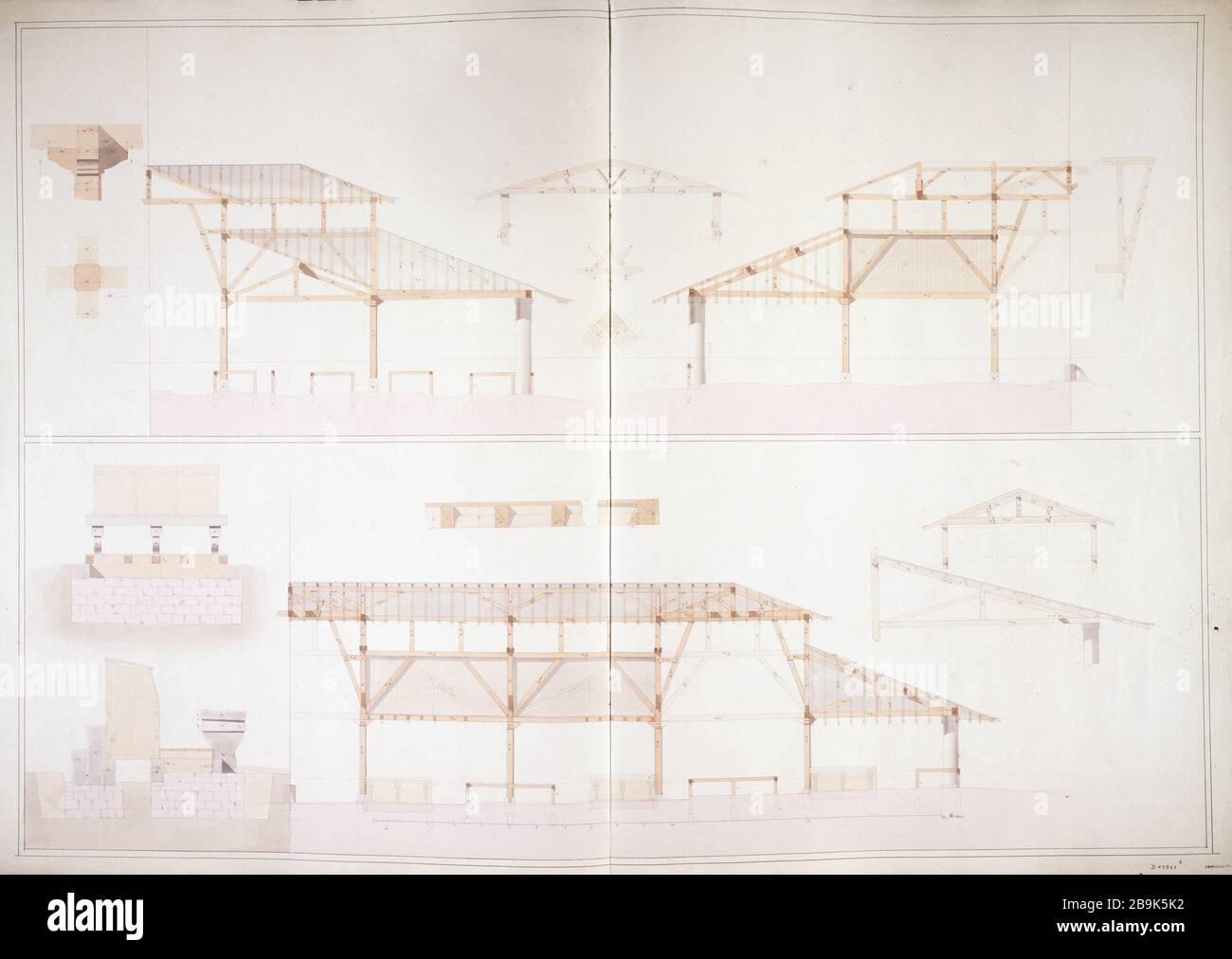 Poutres de structure de tasse (devant, profil et détails) du hall avec beurre et œufs Charles Rohault de Fleury (1801-1875). Coupe avec structure de la poutrison (de face, de profil et queue) de la halle aux beurres et aux œufs. Panache, encre noire, gris lavis, bleu et rose, vers 1820. Paris, musée Carnavalet. Banque D'Images