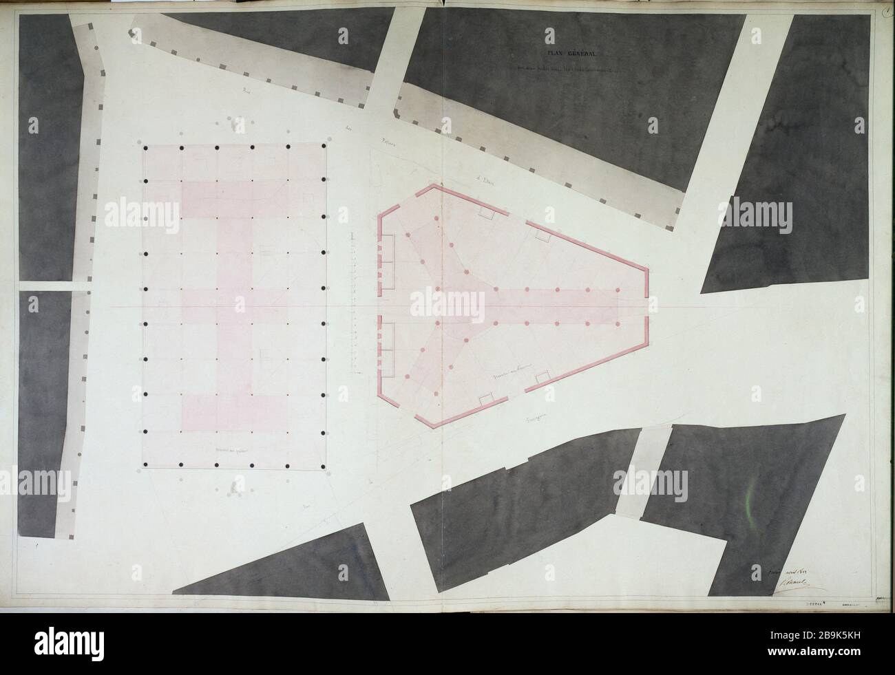 Plan général des deux salles avec les rues environnantes, avril 1822 Charles Rohault de Fleury (1801-1875). Plan général des deux halles avec les rues environnantes, avril 1822. Panache, encre noire, gris de crayon lavis, et rose, 1822. Paris, musée Carnavalet. Banque D'Images