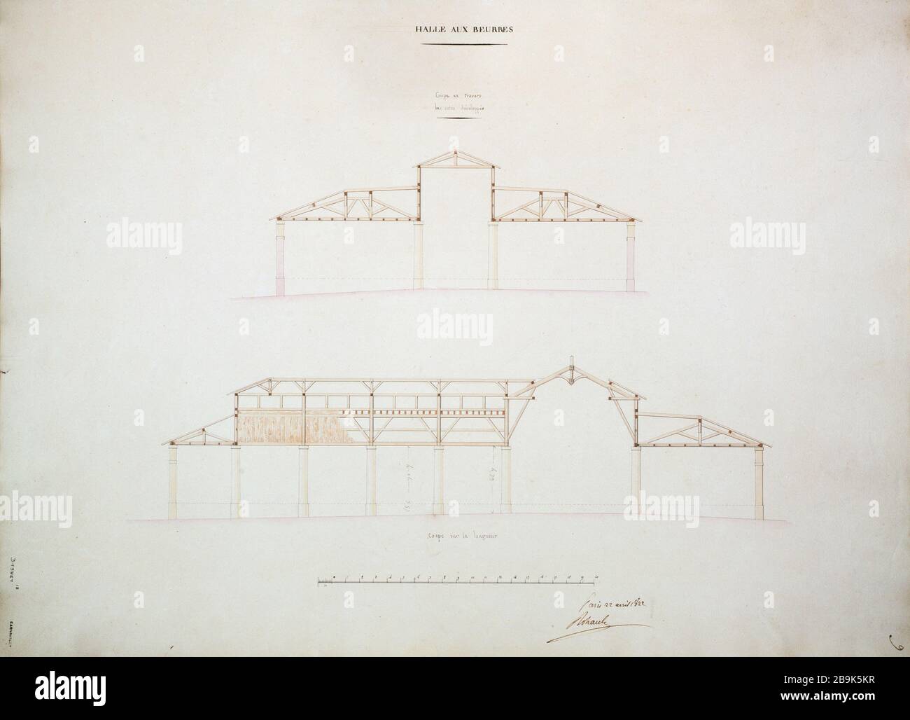 Couper et couper la longueur de la halle au beurre et aux œufs, en avril 1822 Charles Rohault de Fleury (1801-1875). Coupe en travers et coupé sur la machine à sous-garde de la halle aux perles et aux oeuvres, avril 1822. Panache, encre noire, lavis rose et brun, 1822. Paris, musée Carnavalet. Banque D'Images