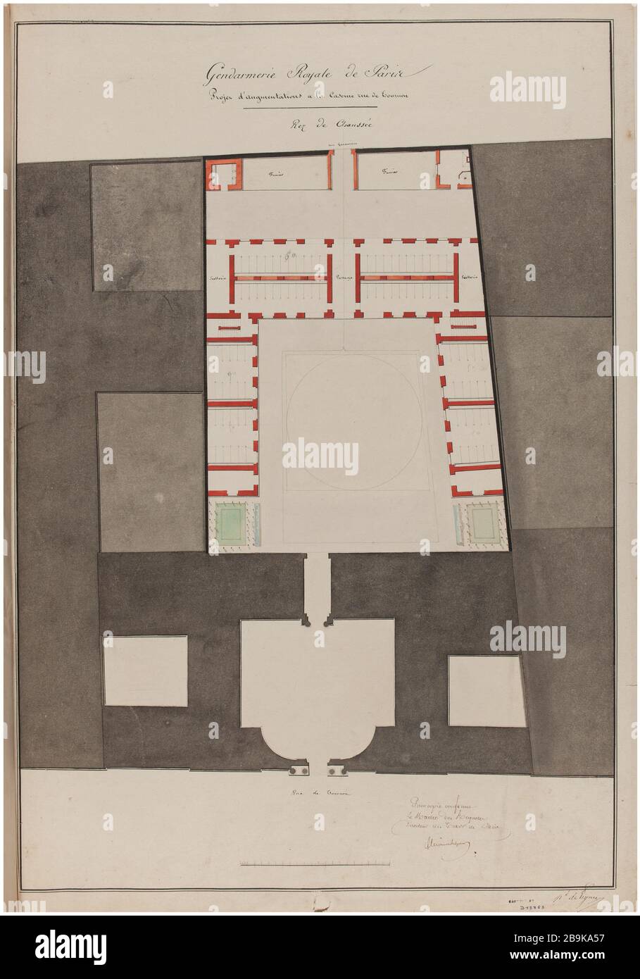 Barracks Street Tournon projet d'agrandissement du rez-de-chaussée. Charles Rohault de Fleury (1801-1875), dessinateur. Album de 72 dessins d'architecture. Caserne rue de Tournon : projet de plan d'annonce du rez-de-chaussée. Panache, crayon, encre noire, lavis gris, rouge, orange, brun, bleu et vert. Paris, musée Carnavalet. Banque D'Images