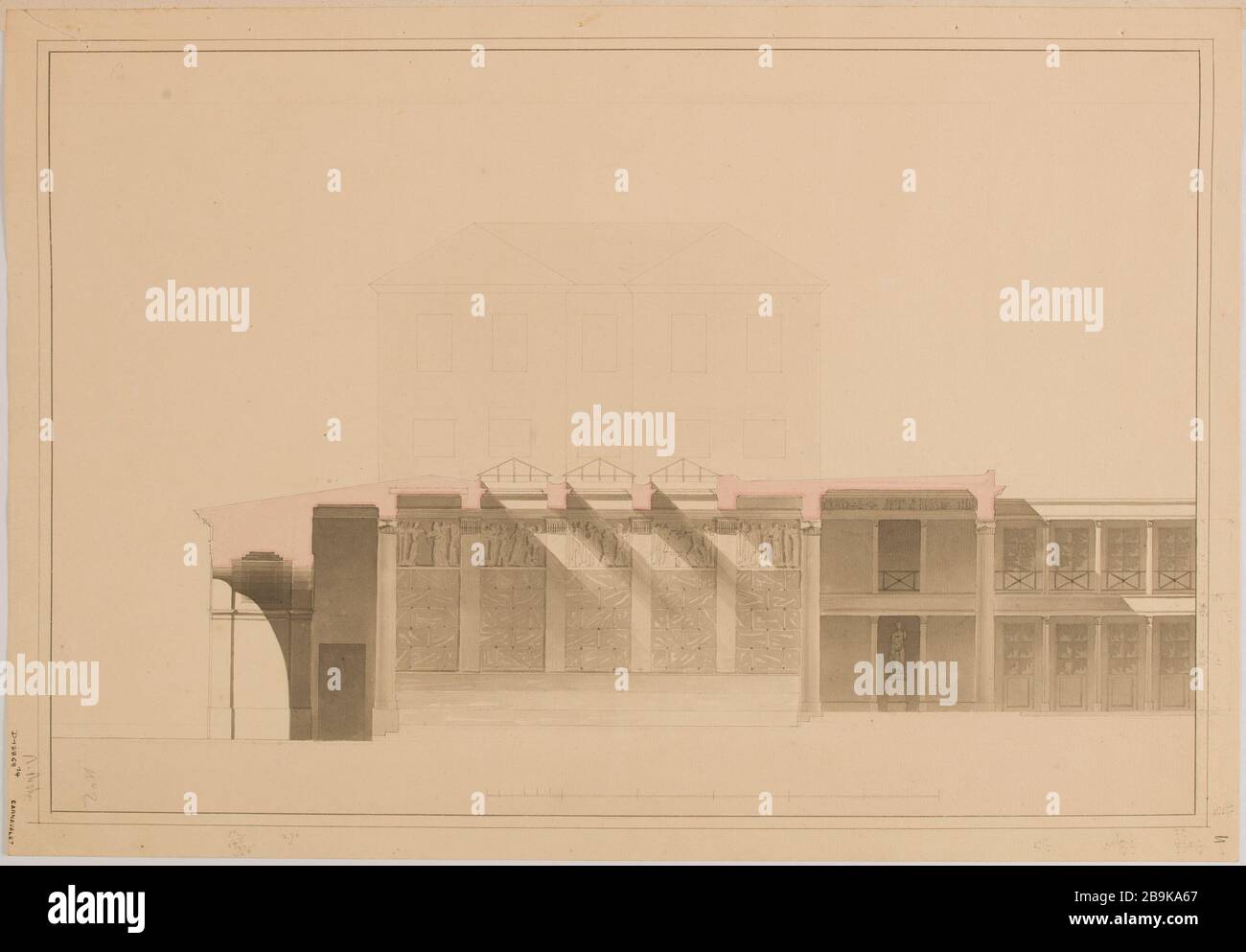 Villa M. Peligot Enghien: Couper la première ébauche des bains. Charles Rohault de Fleury (1801-1875). Album de 34 dessins d'architecture : Villa de M. Périgot à Enghien : coupé du premier jet des bains. Panache, crayon, encre noire, lavis gris et rose. Paris, musée Carnavalet. Banque D'Images