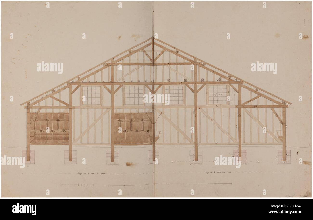 Barracks Street Tournon a coupé à la moitié du chemin et à la moitié d'une équipe. Améliorer la structure des poutres et des fondations. Charles Rohault de Fleury (1801-1875), dessinateur. Album de 72 dessins d'architecture. Caserne rue de Tournon : coupé sur la moitie du passage et la moitie d'une écurie. Mise en valeur de la structure des pièces et des fondations. Plume et encre Noire, rouge, lavis rose et brun. Paris, musée Carnavalet. Banque D'Images