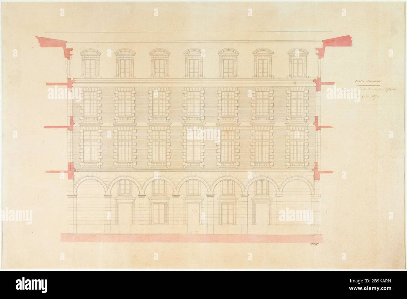 Élévation d'une façade de la caserne Lobau, annexe à l'hôtel de ville d'Anonyme. Façade de l'Élévation d'une de la caserne Lobau, annexe de l'Hôtel de Ville. Paris (IIIème arr.). Panache, encre de Chine, lavis rose, 6 juin 1857. Paris, musée Carnavalet. Banque D'Images