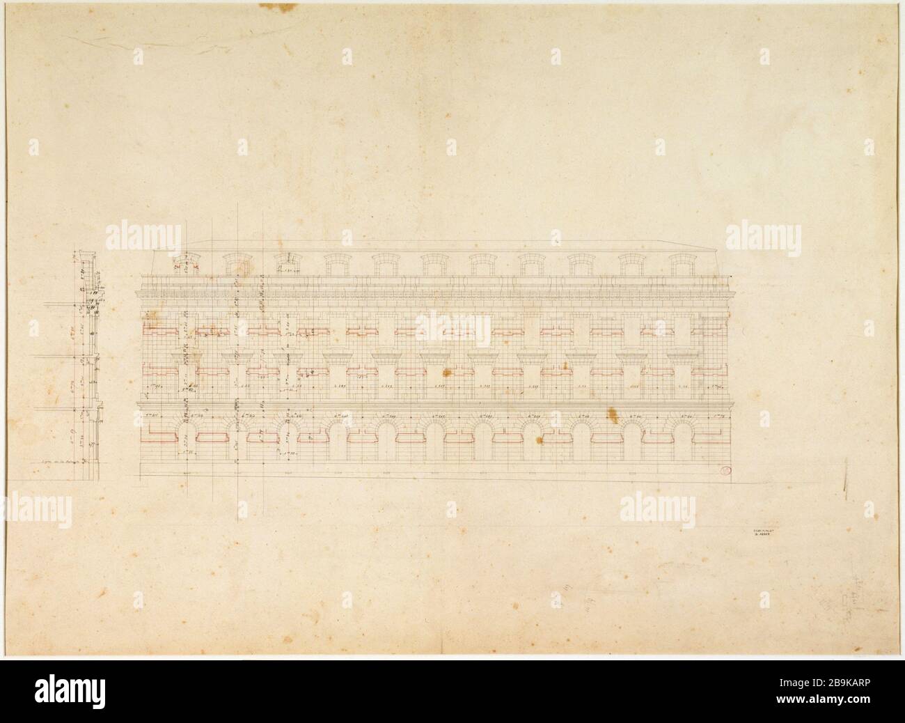 Élévation d'une façade de la caserne Lobau, annexe à l'hôtel de ville d'Anonyme. Façade de l'Élévation d'une de la caserne Lobau, annexe de l'Hôtel de Ville. Panache, encre de Chine et encre rose, 06/06/1857. Paris, musée Carnavalet. Banque D'Images