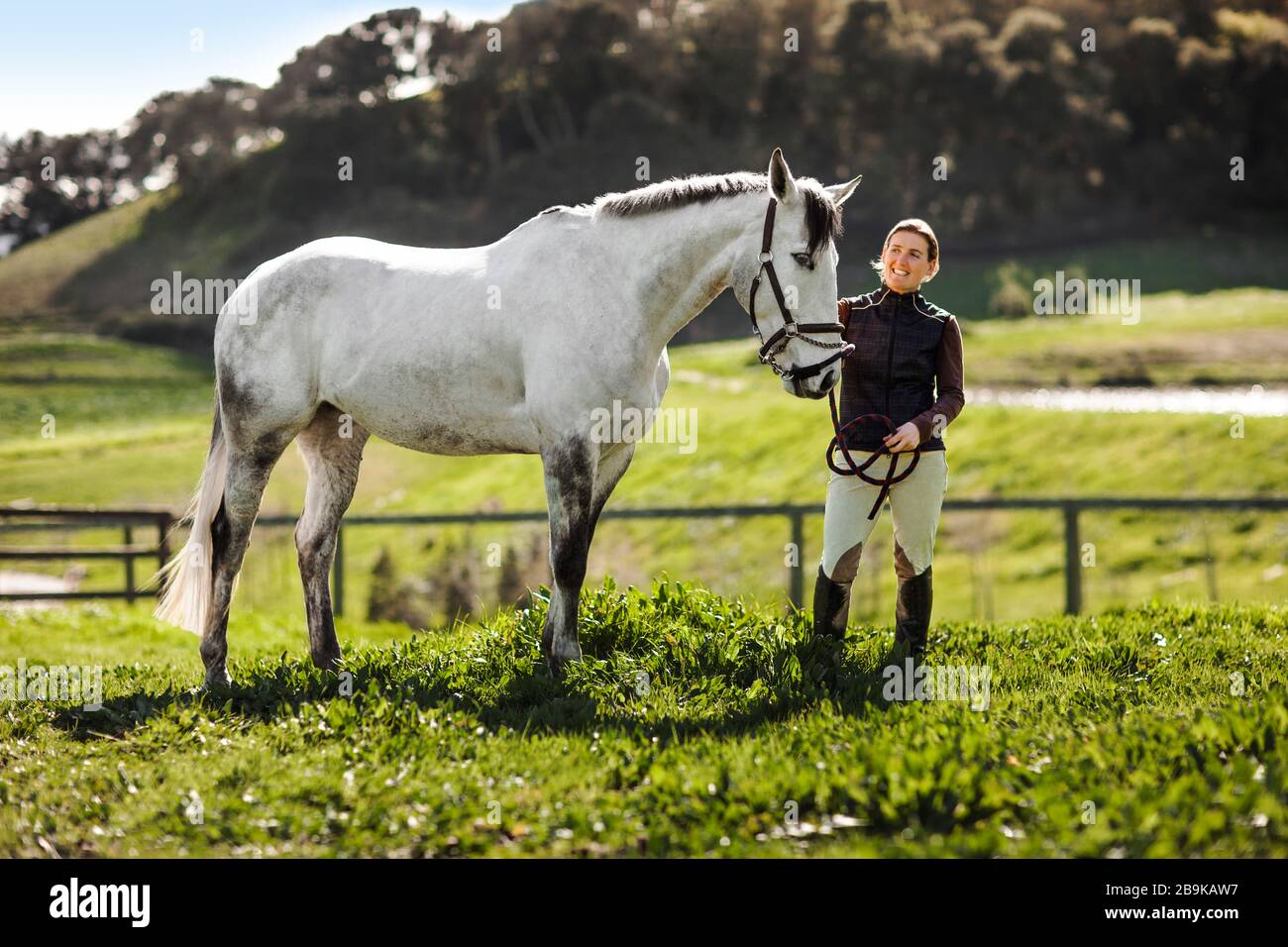 Mid adult woman standing avec son cheval dans un vert pâturage. Banque D'Images