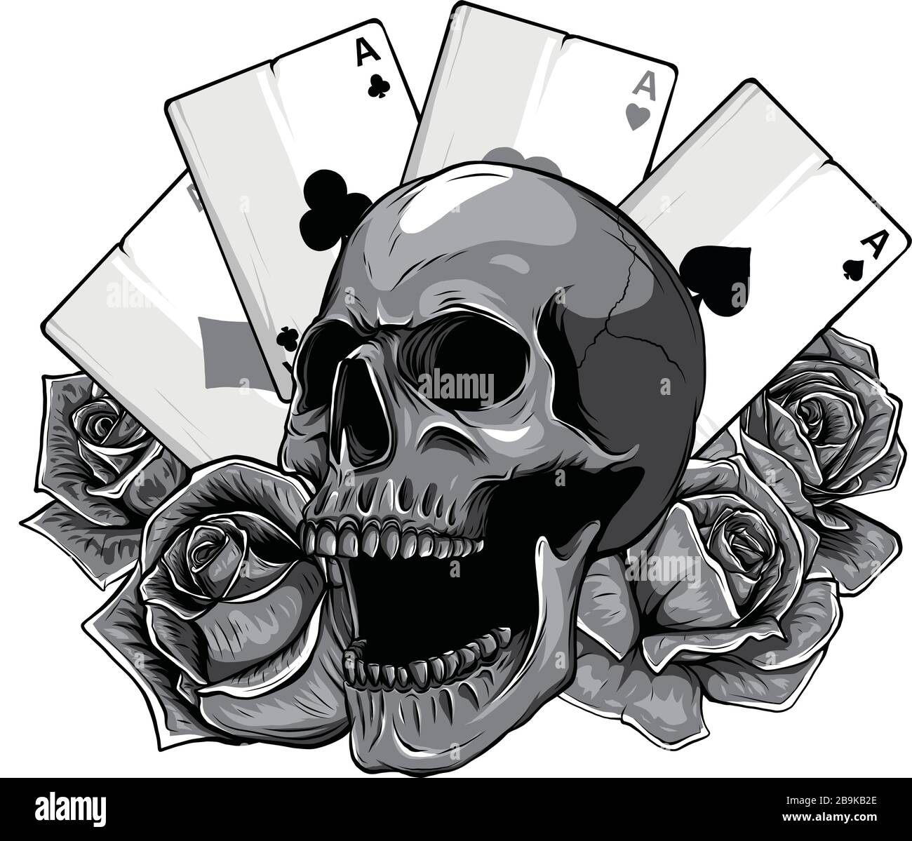 Les as monochromatiques du poker et des roses avec le crâne, grunge vintage vecteur Illustration de Vecteur