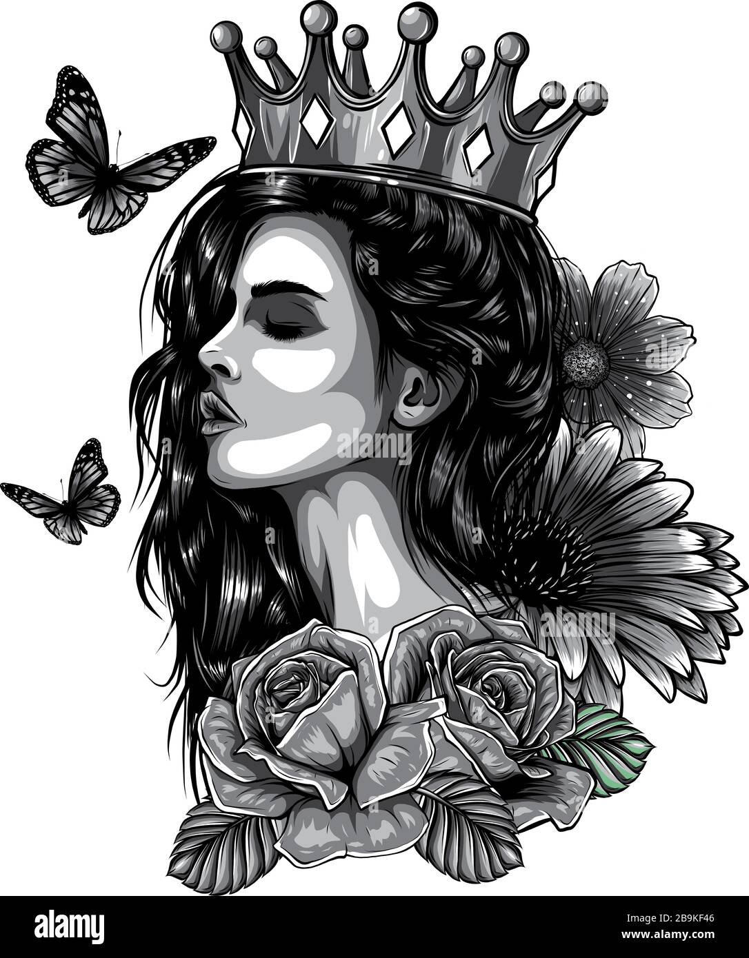 Motif femme magique et tatouage papillon et t-shirt. Symbole d'un rétro, d'une reine, d'une princesse, d'une dame. Illustration de Vecteur