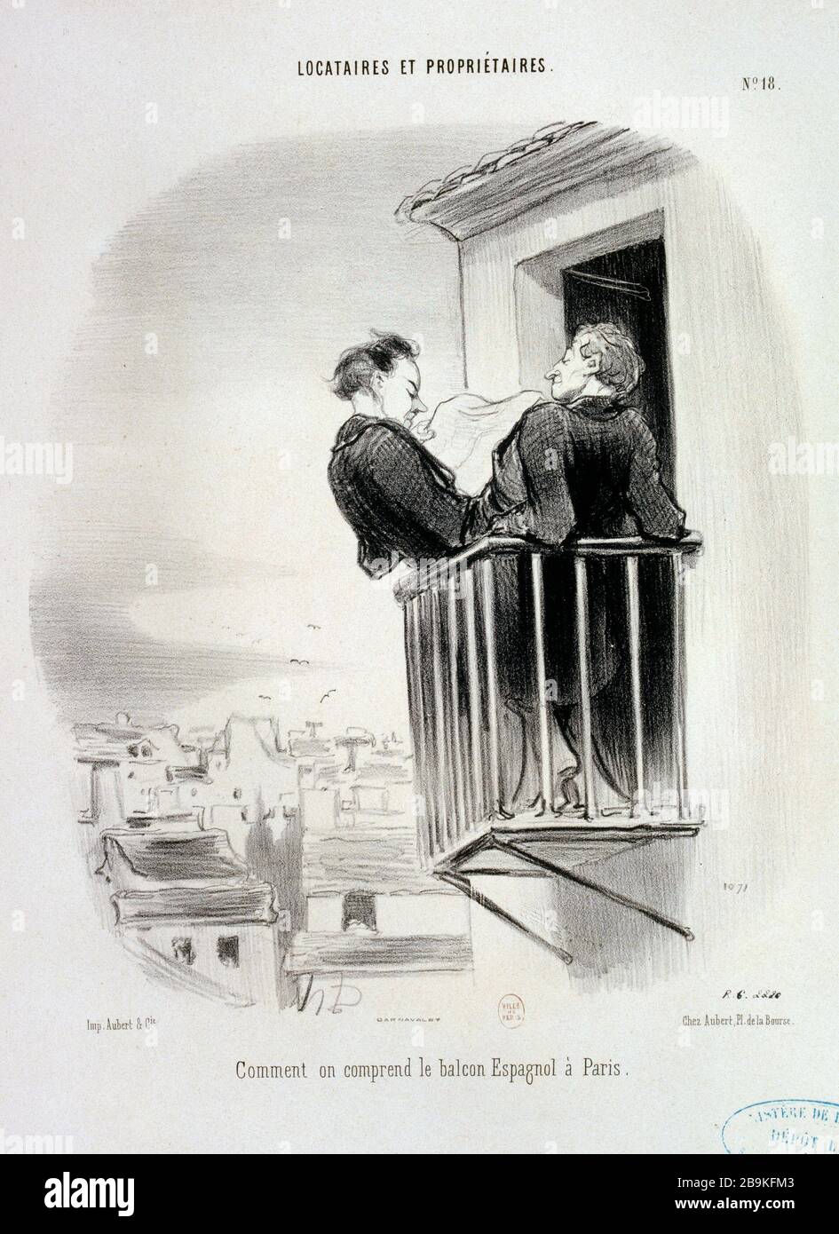 Locataires et propriétaires, numéro 18 - comment nous comprenons le balcon espagnol à Paris Honoré Daumier (1808-1879). 'Locataires et propriétaires, numéro 18 - commentaire sur le Comprend le balcon Espagnol à Paris'. Gravité. Paris, musée Carnavalet. Banque D'Images