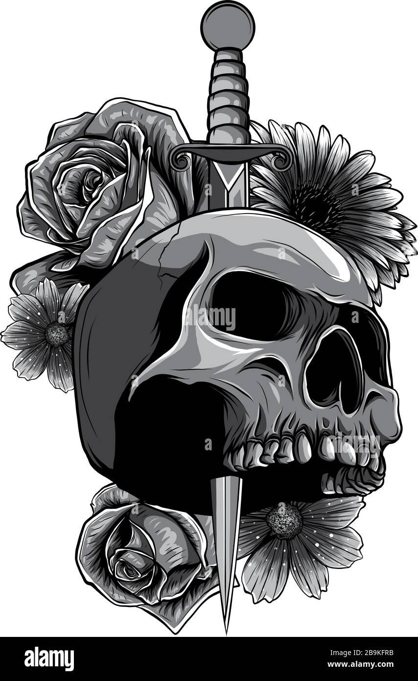 Illustration vectorielle mort humaine crâne brisé épée avec des roses Illustration de Vecteur