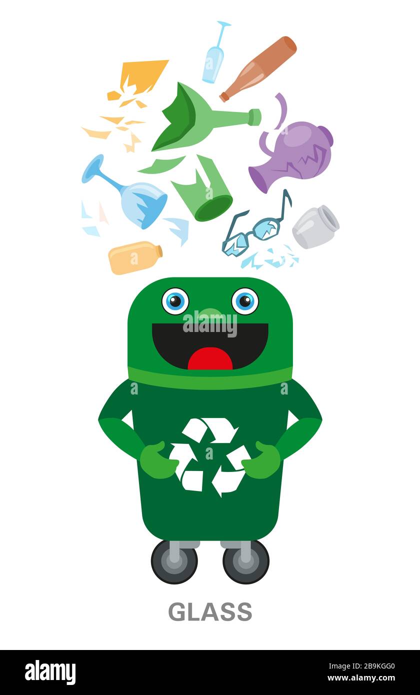 Concept de tri et de recyclage des déchets. L'ilustation des couleurs. Verre. Banque D'Images