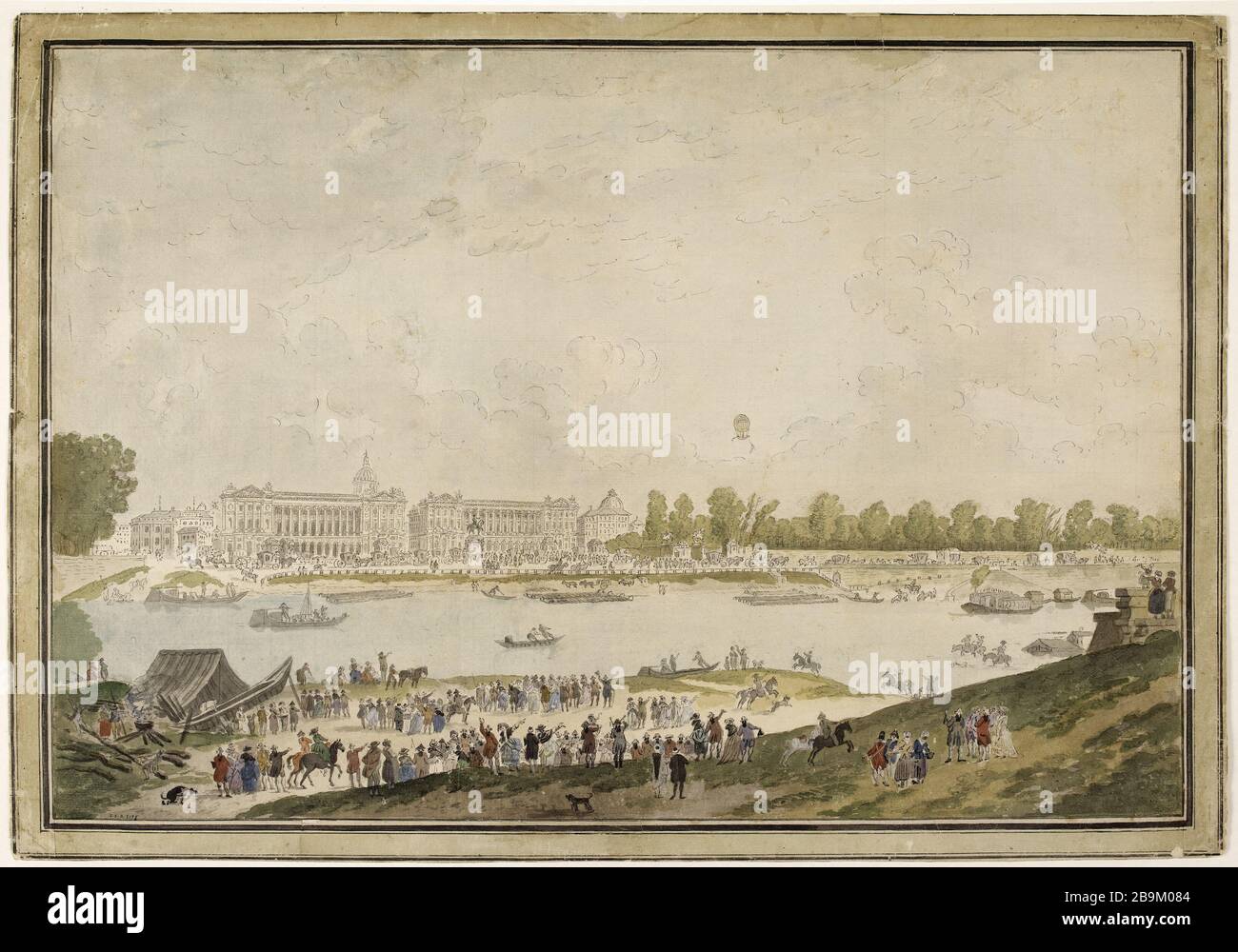 Vue sur la place Louis XV et les Tuileries au moment du départ de Robert et M. M. Hullin, 19 septembre 1784. Pierre Antoine de Machy (1723-1807). 'Vue de la place Louis XV et des Tuileries à l'instant du début de M.M. Robert et Hullin, le 19 septembre 1784'. Panache, crayon, encre de Chine et aquarelle. Paris, musée Carnavalet. Banque D'Images