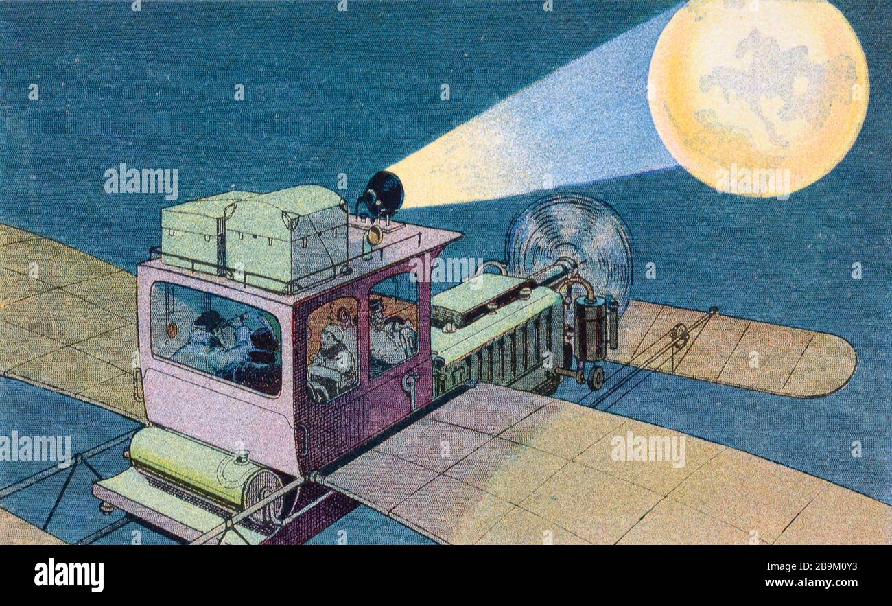 Futuriste ou futuriste illustration d'un métier d'espace, d'un voyage dans l'espace ou d'un voyage dans l'espace revenant de la Lune. Illustration de 1910 Banque D'Images