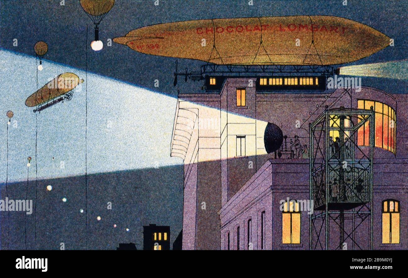 Futuriste ou futuriste Illustration des Airships, des aérostats, des ballons dirigables, des Blimps et des Zeppelins voguant autour de Londres au début du XXe siècle. Illustration de 1910 Banque D'Images