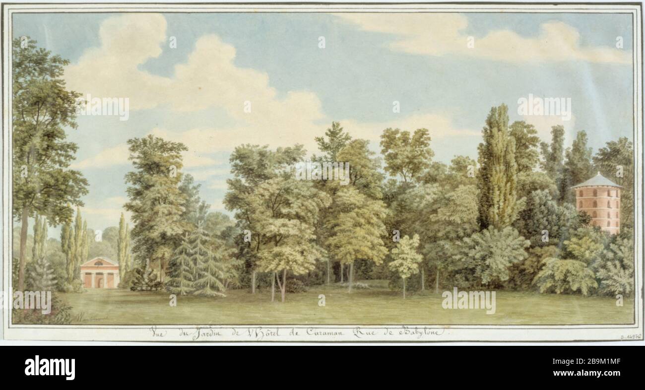 HÔTEL AVEC VUE SUR LE JARDIN DE BABYLONE CARAMAN STREET WANDLAINCOURT. 'Vue du jardin de l'hôtel de Caraman rue de Babylone'. Encre, aquarelle. Paris, musée Carnavalet. Banque D'Images