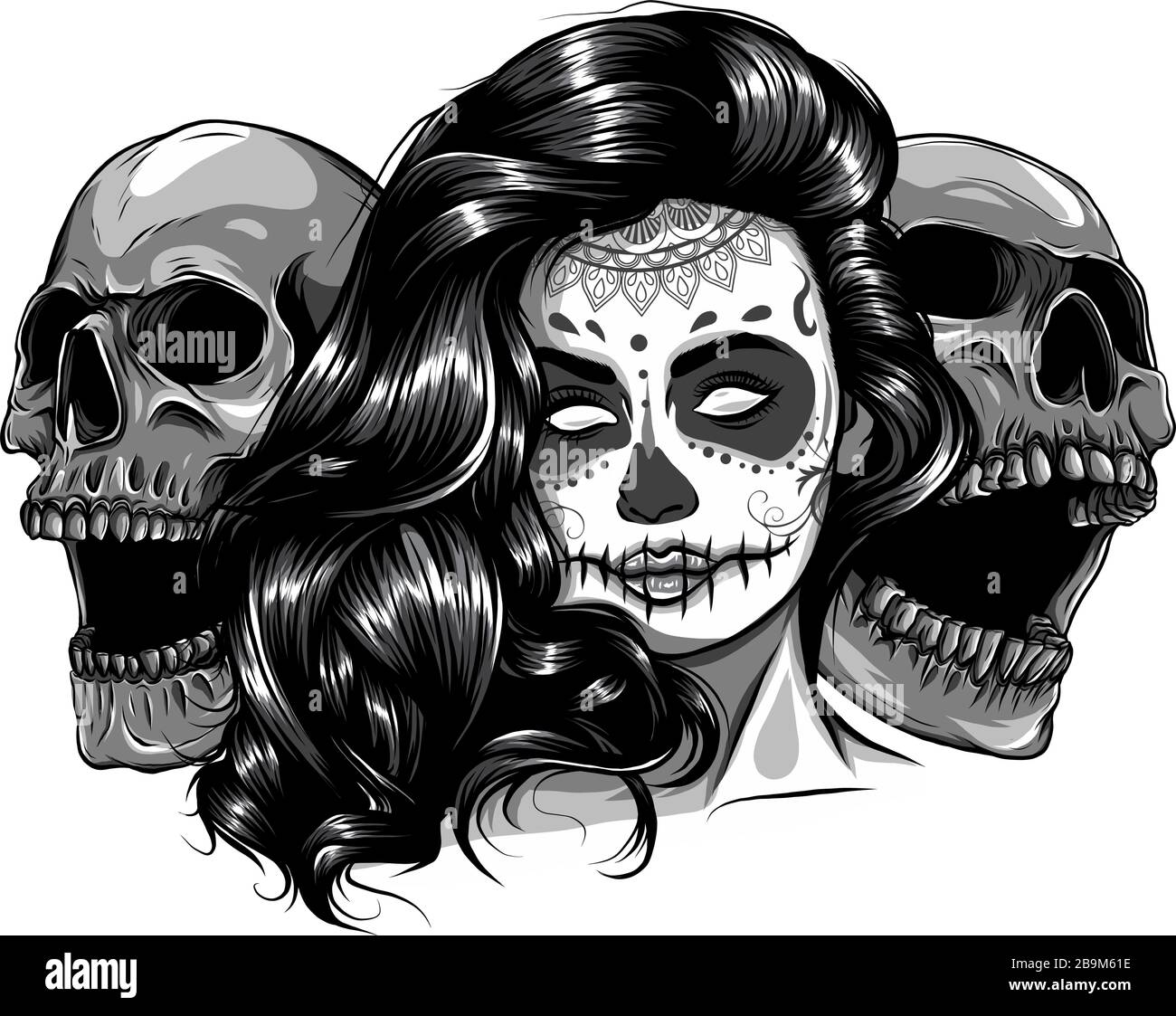 Crâne monochromatique de sucre visage de fille avec de la forme pour le jour de la mort Dia de los Muertos . vecteur Illustration de Vecteur