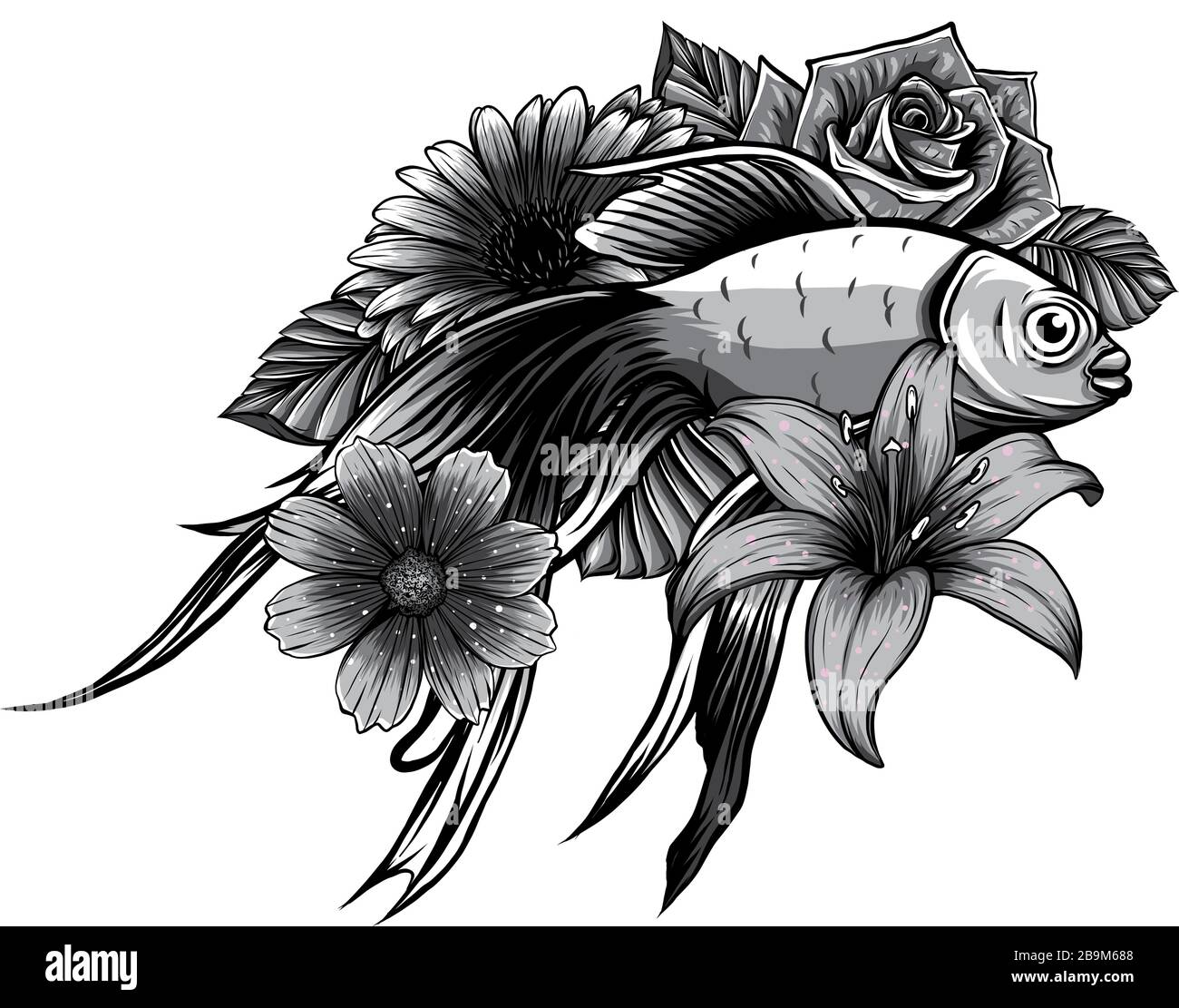 Illustration vectorielle de tatouage de poisson Koi monochromatique. Design art Illustration de Vecteur