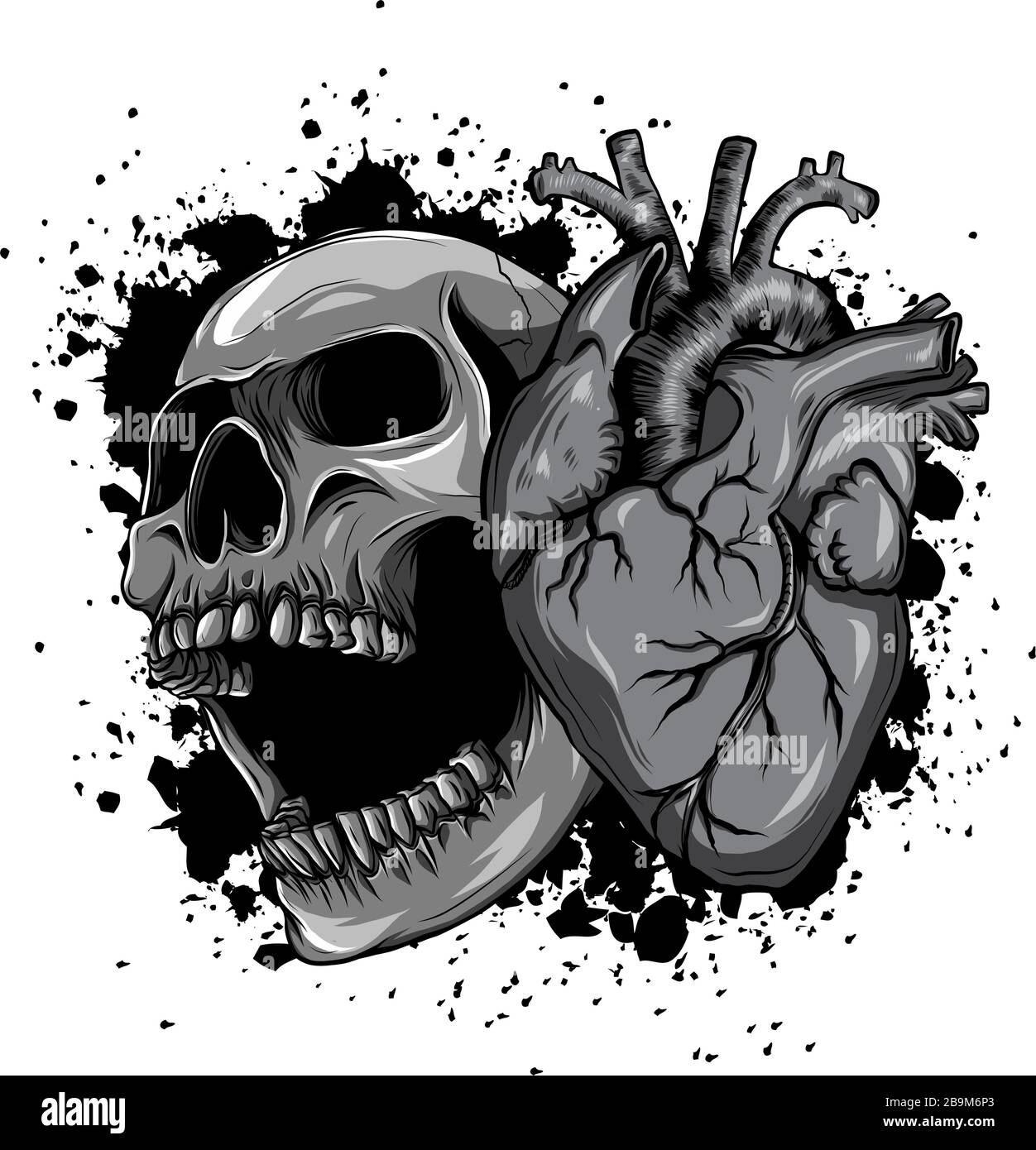 crâne dessinée monochromatique avec coeurs, tête de crâne d'amour Illustration de Vecteur