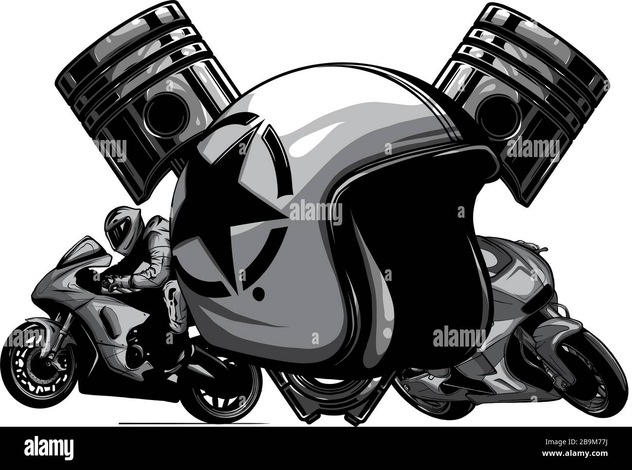 Pilote moto monochromatique, silhouette vectorielle abstraite. Course de moto de route Illustration de Vecteur