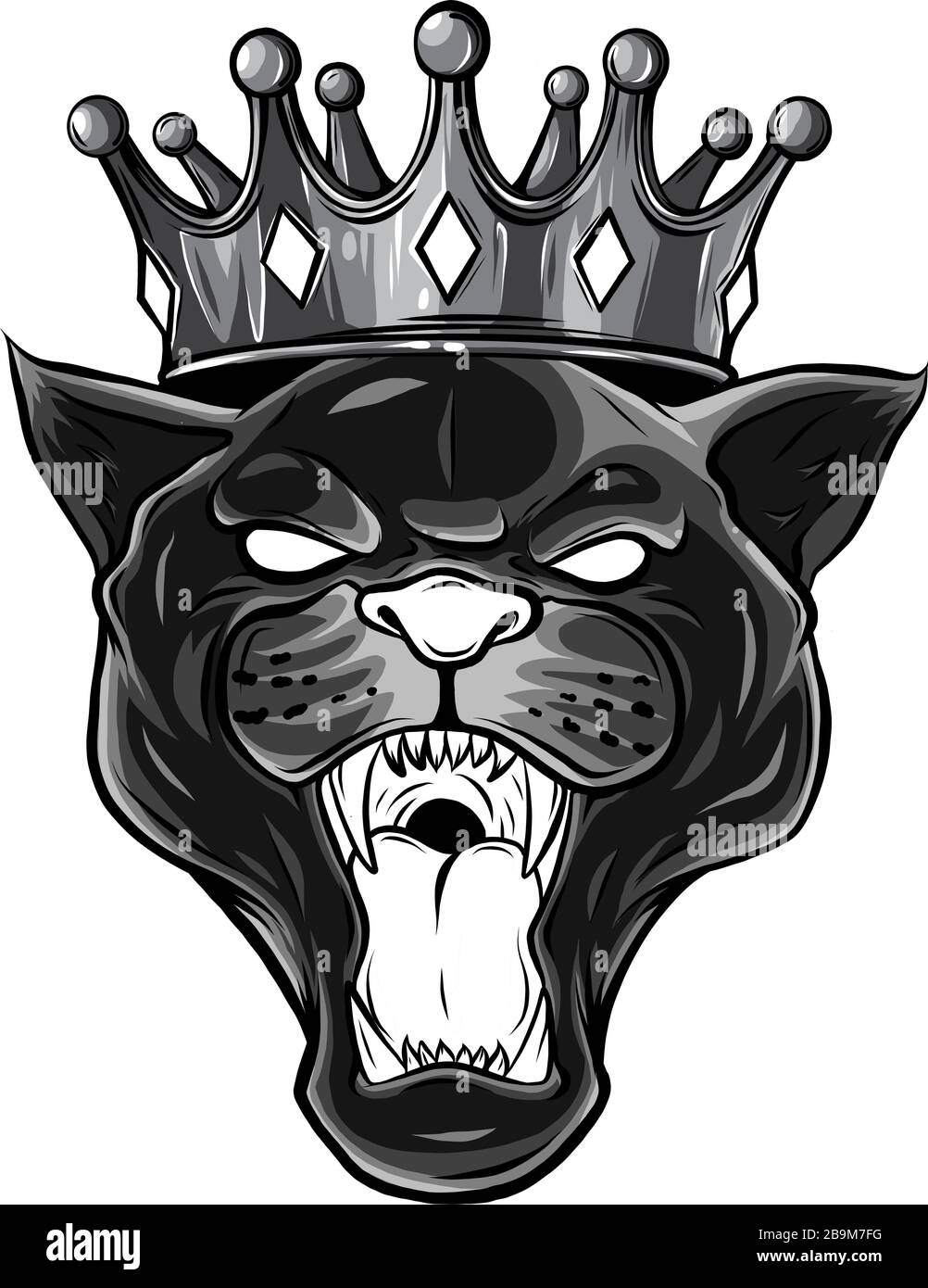 Panther noir monochromatique avec couronne sur sa tête et bouche ouverte, sur fond blanc Illustration de Vecteur