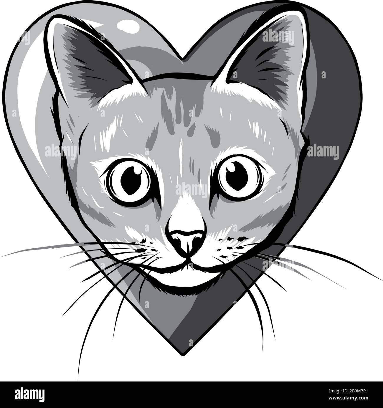 Chat noir monochromatique mordant un coeur énorme. Illustration de Vecteur