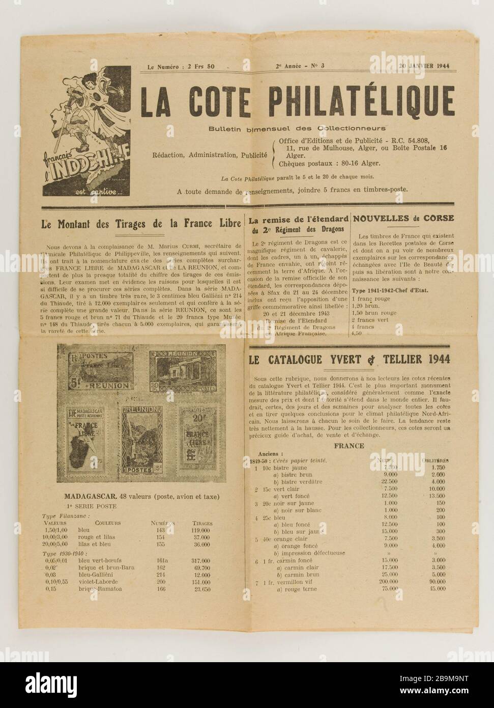 Ensemble, le Quartermaster Robert Mady - DCA Bizerte, TD Simoun RBFM / 2ème DB -. Le bulletin bimensuel cote philatélique No 3 - 2ème année - du 20 janvier 1944 Guerre 1939-1945. Ensemble du quartier-maître Robert Mady - DCA Bizerte, TD Simoun RBFM/2 e DB -. Bulletin bimensuel la cote philatélique N° 3 - 2 e année - du 20 janvier 1944. Papier primaire, enerre. 20 janvier 1944. Musée du général Leclerc de Hautecloque et de la libération de Paris, musée Jean Moulin. Banque D'Images