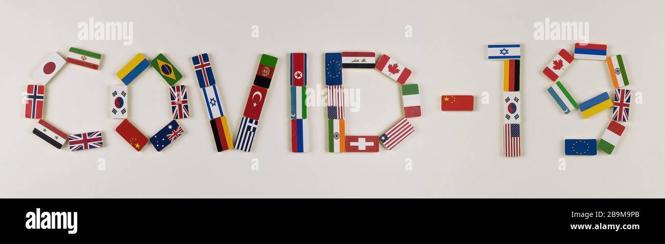 Texte de coronavirus fait de drapeaux. Concept de protection du coronavirus Banque D'Images
