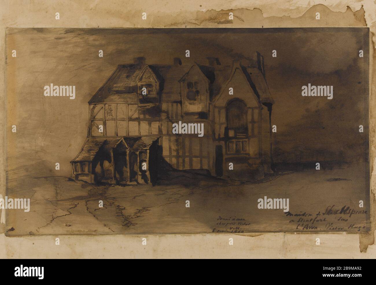 En bas à droite: Maison Shakespeare / Stratford / Avon. Victor Hugo. Au centre de l'encre brune: Donné mon / cher petit Victor / V.H./8 octobre 1860 Victor Hugo (1802-1885). Maison de Shakespeare Stratford sur l'Avon. En bas droit : maison de Shakespeare/ Stratford sur / l'Avon. Victor Hugo . Au centre de l'hôtel brune: ne mon/cher petit Victor/ V.H./8 octobre 1860. Plume et lavis d'Encre brune, utilisation des barbes de panache. Paris, Maison de Victor Hugo. Banque D'Images