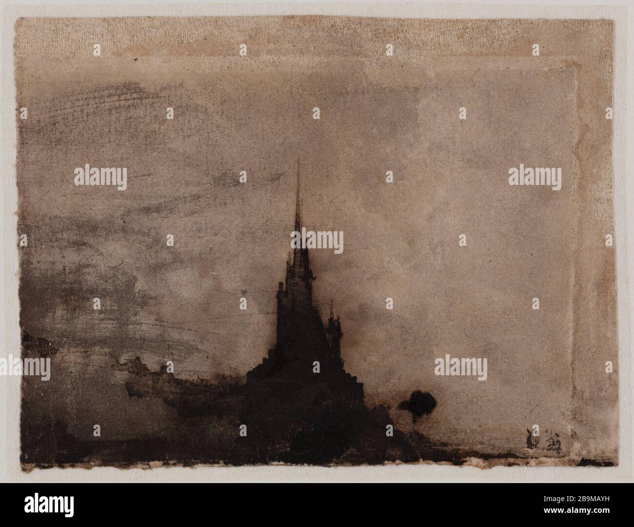 CLOCHER VOIT LE FEU DE RECUL Victor Hugo (1802-1885). « Clocher vu à contre-jour ». Plume et lavis d'Encre brune sur papier vélin. Paris, Maison de Victor Hugo. Paris, Maison de Victor Hugo. Banque D'Images