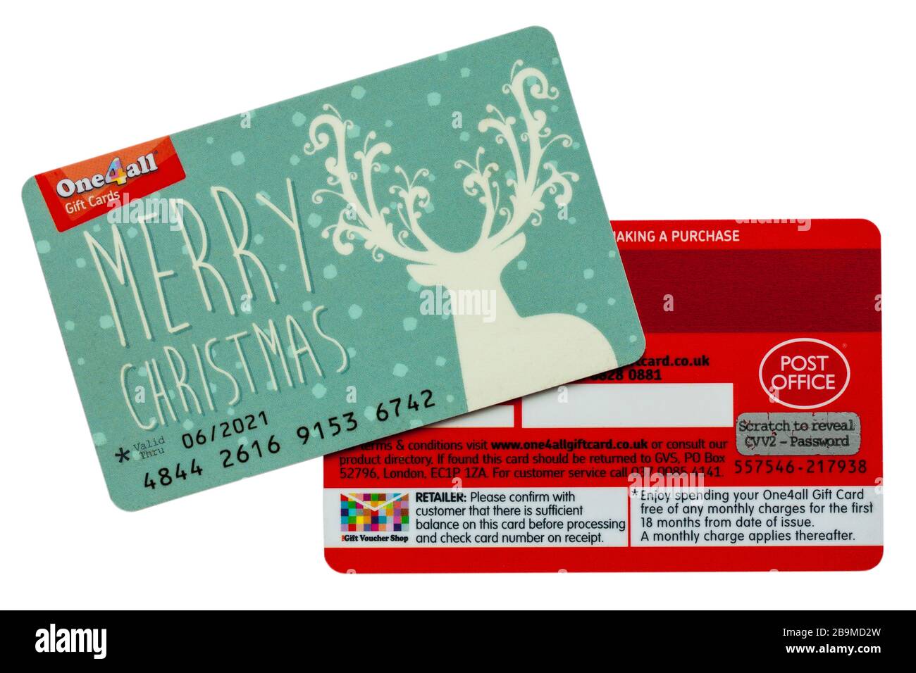 Cartes-cadeaux One4All carte-cadeau de Noël à utiliser dans plusieurs magasins affichant l'avant et l'arrière-plan isolé sur fond blanc - cartes-cadeaux multi-magasins Banque D'Images