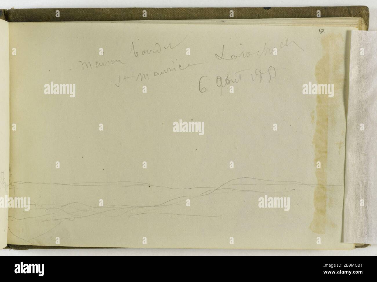 DESSIN D'UN CAHIER: REJOIGNEZ la ST MAURICE LA ROCHELLE 6 AOUT 1851 (PAGE 17) Camille-Jean-Baptiste Corot (1796-1875). Carnet de croquis de dessins : inscription St Maurice, la Rochelle 6 août 1851 (page 17). Crayon. Paris, musée Carnavalet. Banque D'Images