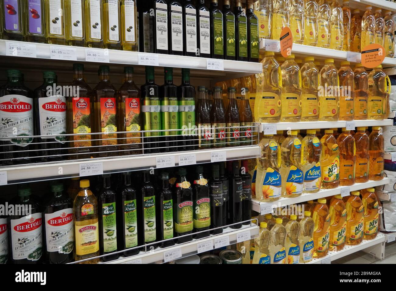 Bouteilles d'huiles de cuisson à vendre. Maïs, tournesol, huiles d'olive extra vierges. Rangées d'huile de cuisson saine de haute qualité. Variété de marque d'huile de cuisson sur Banque D'Images