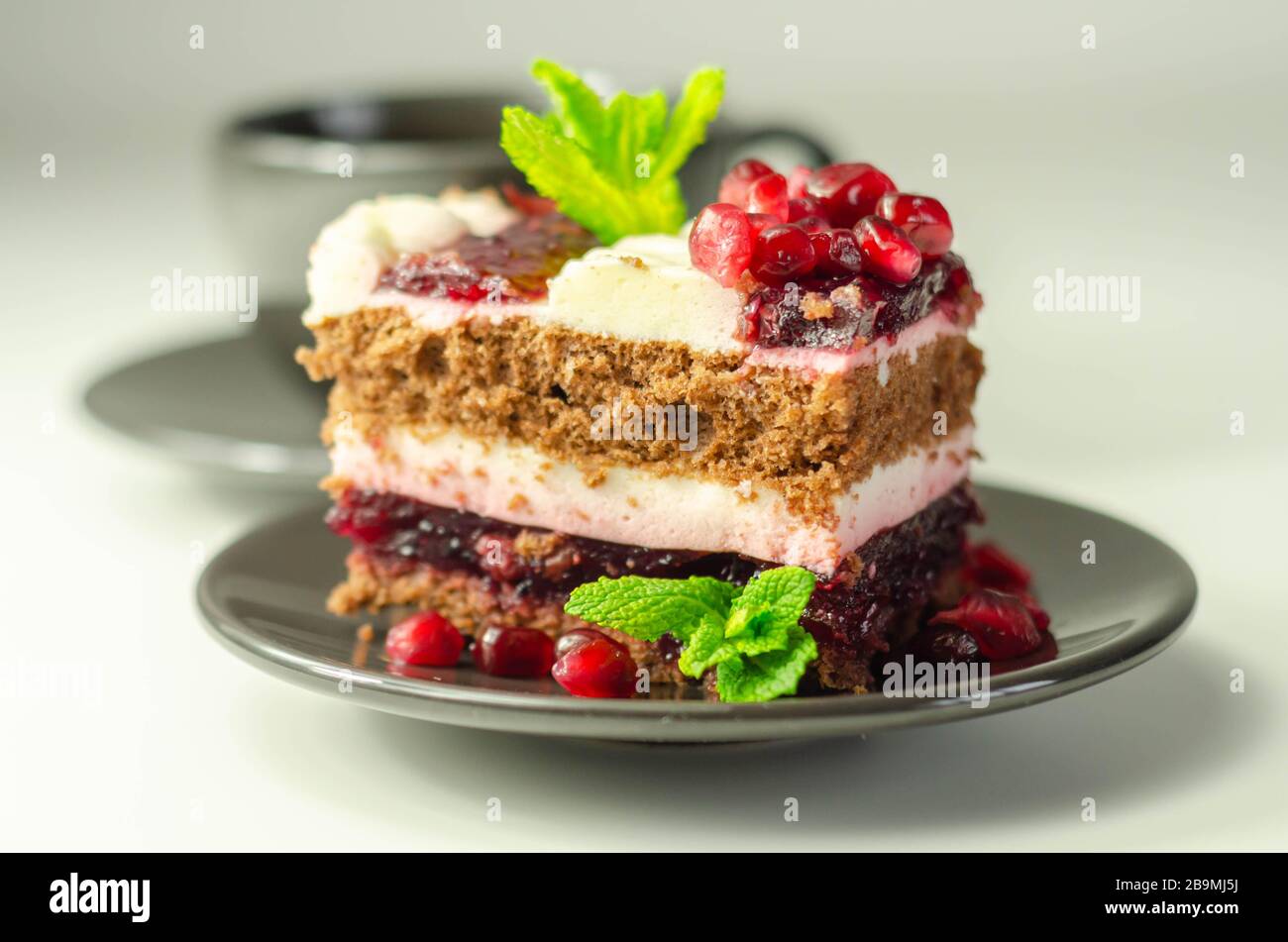 Gateau Colore Au Chocolat A La Creme A Plusieurs Couches Avec Confiture De Cerises Et Grenade Un Delicieux Regal Photo Stock Alamy