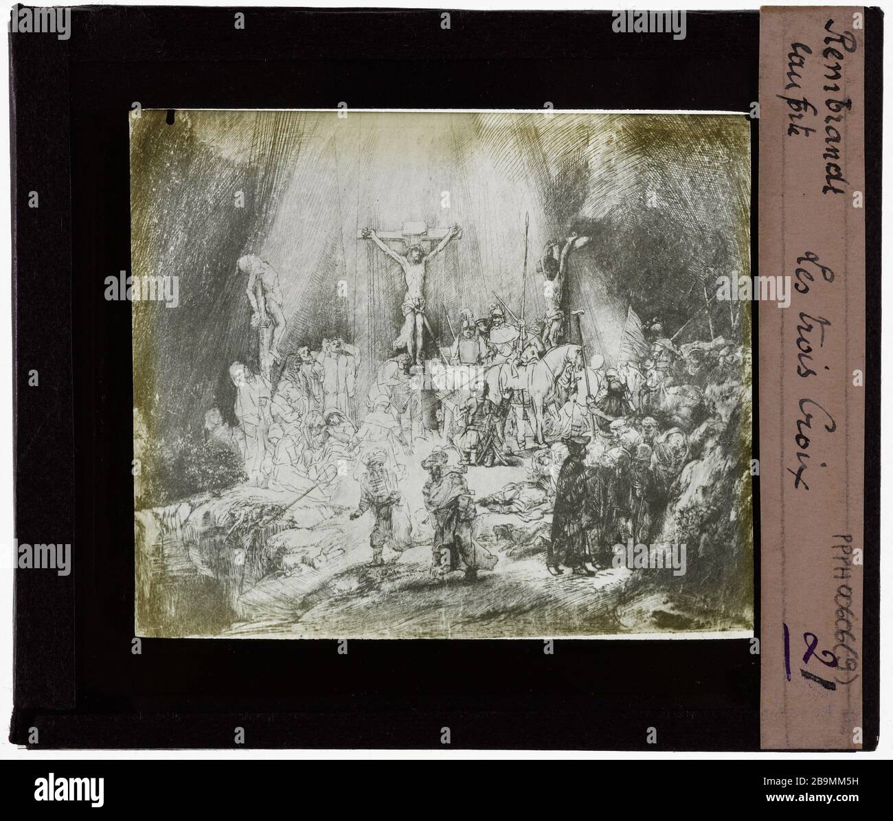 Rembrandt van Rijn (1606-1669), peintre hollandais. Etchings. Les trois croix de Rembrandt van Rijn (1606-1669), PEINtre hollandais. Eaux forts. 'Les trois croix'. Plaque de projection noir et blanc. 1900-1930. Photographie de Jacques-Ernest Bulloz (1858-1942). Musée des Beaux-Arts de la Ville de Paris, petit Palais. Banque D'Images